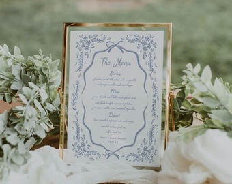 Blue Floral Menu Food Sign Template Chinoiserie Hand Drawn Toile Drink Menu Editable Hand Written Bar Menu Blue Bow Digital Download, 0103