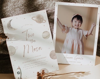 Two the Moon Birthday Invitation 2nd Birthday Party Invitation Neutral Space Invitation Planets Birthday Printable Invitation Template, 0037