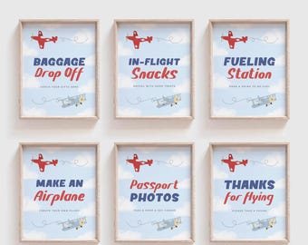 飛行機の誕生日テーブルサイン、編集可能な機内食サイン、航空誕生日ポスター、手荷物受取所用印刷可能サインテンプレート、0056