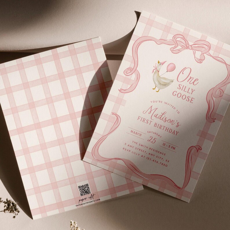 May include: Pink and white plaid birthday invitation with a cartoon goose holding a balloon. The invitation reads "One Silly Goose" and "Madison's First Birthday". Includes event details and a QR code.
