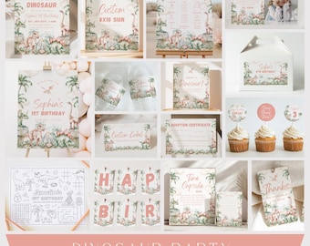 Puede incluir: Un conjunto de artículos para fiestas con temática de dinosaurios que incluye invitaciones, carteles, adornos para cupcakes, pancartas y hojas de actividades con ilustraciones en acuarela de dinosaurios, palmeras y follaje en tonos rosa y verde.