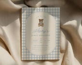Bear Invitation Beary First Birthday Invite 1st Birthday Party Vintage Gingham Printable Template Digital Download, 0135