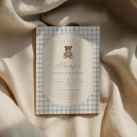 Bear Invitation Beary First Birthday Invite 1st Birthday Party Vintage Gingham Printable Template Digital Download, 0135