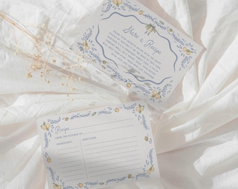 Recipe Card Template Lemon Bridal Shower Recipe Request Card Blue Bridal European Summer Hand Drawn Chinoiserie Editable Download, 0101