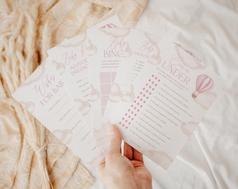 Baby Shower Games Hot Air Balloon Activities and Game Card Up Up Away Editable Template Pink Adventure Awaits Printable Download, 0091