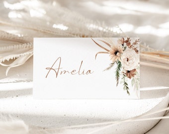 Boho Bridal Shower Place Card Template Printable Name Card Neutral Bridal Shower Fall Floral Pampas Decoration Printable Card Template, 0010