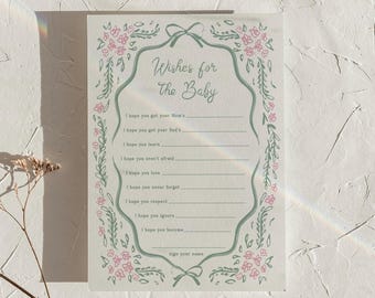 Advice and Wishes Card Baby Shower Game Template Activity Hand Drawn Floral Editable Games Pink Green Floral Printable, 0112