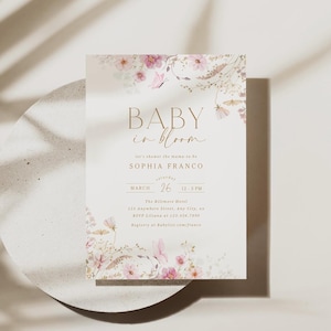 Baby in Bloom Baby Shower Invitation Pink Floral Shower Invitation Template Editable In Bloom Invite Printable Download Digital Invite, 0091