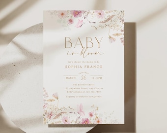 Baby in Bloom Baby Shower Invitation Pink Floral Shower Invitation Template Editable In Bloom Invite Printable Download Digital Invite, 0091
