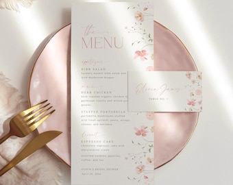 Floral Menu and Place Card Template Name Tent Card Baby In Bloom Menu Pink Floral Bridal Shower Editable Name Tag Printable Download, 0022