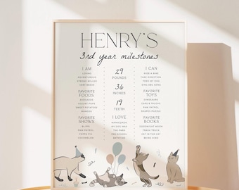 May include: A framed milestone poster for Henry's 3rd year featuring text details about weight, height, teeth, and favorites. The design includes illustrations of four cats in party hats and balloons on a light background.