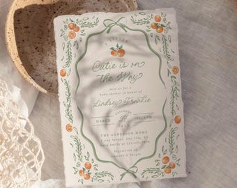 Little Cutie is on the Way Baby Shower Invitation Editable Template Hand Drawn Orange Invite Green Floral Digital Download, 0130