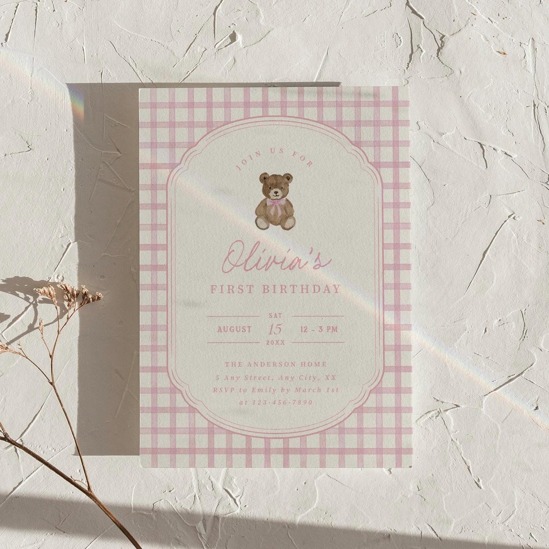 Pink Bear Invitation Beary First Birthday Invite 1st Birthday Party ...