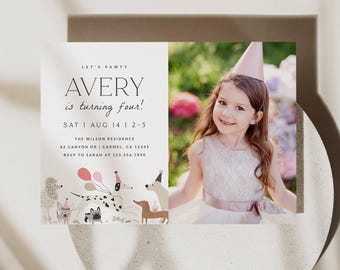 May include: A rectangular birthday invitation card featuring a photo of a child wearing a pink party hat. The text reads: LET'S PAWTY, AVERY is turning four!, SAT | AUG 14 | 2-5, THE WILSON RESIDENCE, 82 CANYON DR | CARMEL, CA 12345, RSVP TO SARAH AT 123.456.7890. Illustrated dogs in party hats are at the bottom.