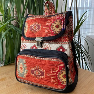 Red Laptop Bag Backpack Handwoven Bag Red Bag Large Backpack Oriental Bag Kilim Bag Rug Bag Carpet Bag Turkish Bag Boho Style Bag 30x20cm