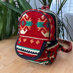 Handwoven Tiny Backpack Authentic Kilim Backpack Red Bag Oriental Bag Kilim Bag Rug Bag Carpet Bag Turkish Bag Boho Style 23x16
