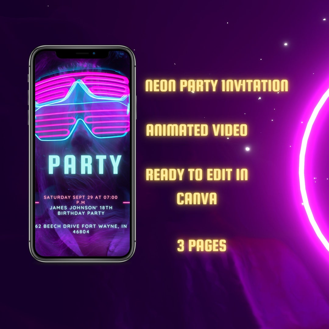 Neon Party Invitation Template Invite Editable Digital Party Invitation Neon Party Invitation Template Invite Editable Digital Party Invitation