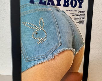 Playboy Art - Zoya Emmons, on a bicycle seat in short shorts - Vintage original cover from 1974 - FRAMED - FREE SHIPPING