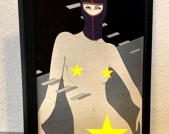 Playboy Art - Woman in a balaclava - Patrick Nagel - Vintage original print from 1985 - FRAMED - FREE SHIPPING