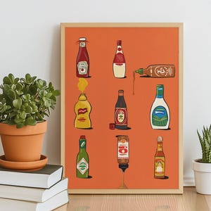 May include: A digital illustration of nine different bottles of condiments on an orange background. The bottles include ketchup, mayonnaise, hot sauce, mustard, soy sauce, ranch dressing, sriracha, and two other sauces.