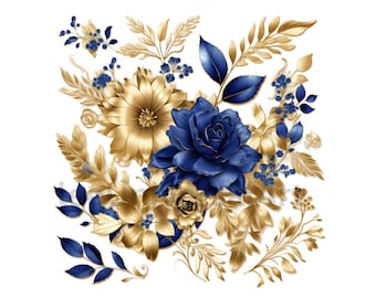 Blau und Gold Blumen Clipart Coole schöne Hochzeit rustikale Marineblau und Goldfolie Blumen Vintage Antik sofortiger Download kommerzielle Nutzung