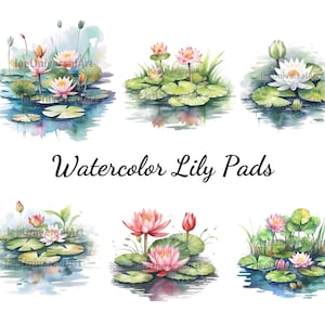 Aquarela Lily Pond Clipart primavera lindo nenúfar e sapo lagoa download instantâneo em formato PNG para uso comercial