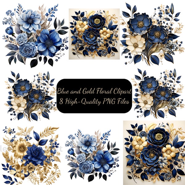 Blue and Gold Floral Clipart Cool beautiful wedding rustic navy blue gold foil flowers vintage antique for instant download commercial use