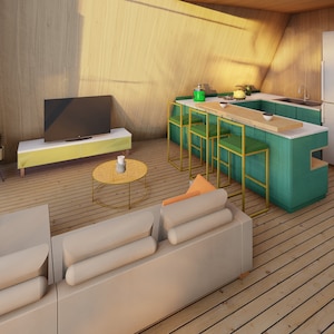 May include: A modern living room with a light wood floor, a large sectional sofa with beige cushions, a coffee table with a gold metal frame, a flat screen TV on a light wood entertainment center, and a kitchen with a teal green island and bar stools.