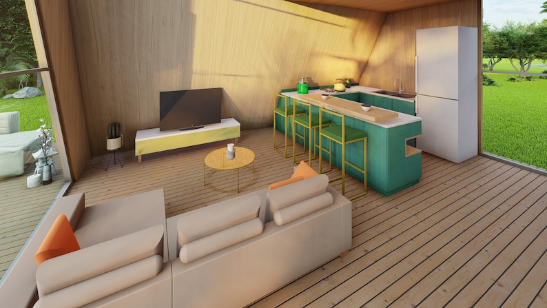 May include: A modern living room with a light wood floor, a large sectional sofa with beige cushions, a coffee table with a gold metal frame, a flat screen TV on a light wood entertainment center, and a kitchen with a teal green island and bar stools.