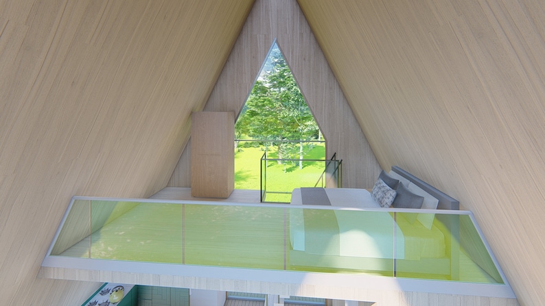 May include: A loft bedroom with a bed, pillows, and a glass railing overlooking a green grassy area. The room has a wooden ceiling and a large triangular window.
