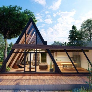 May include: A modern, triangular-shaped house with large windows and a wooden deck. The house is surrounded by trees and greenery.