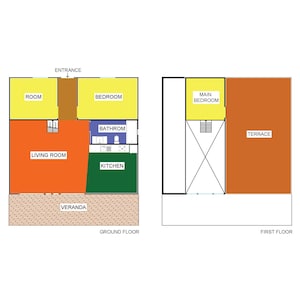 May include: A floor plan of a two-story house. The ground floor has a living room, kitchen, bathroom, bedroom, and a room labeled "room". The first floor has a main bedroom and a terrace.