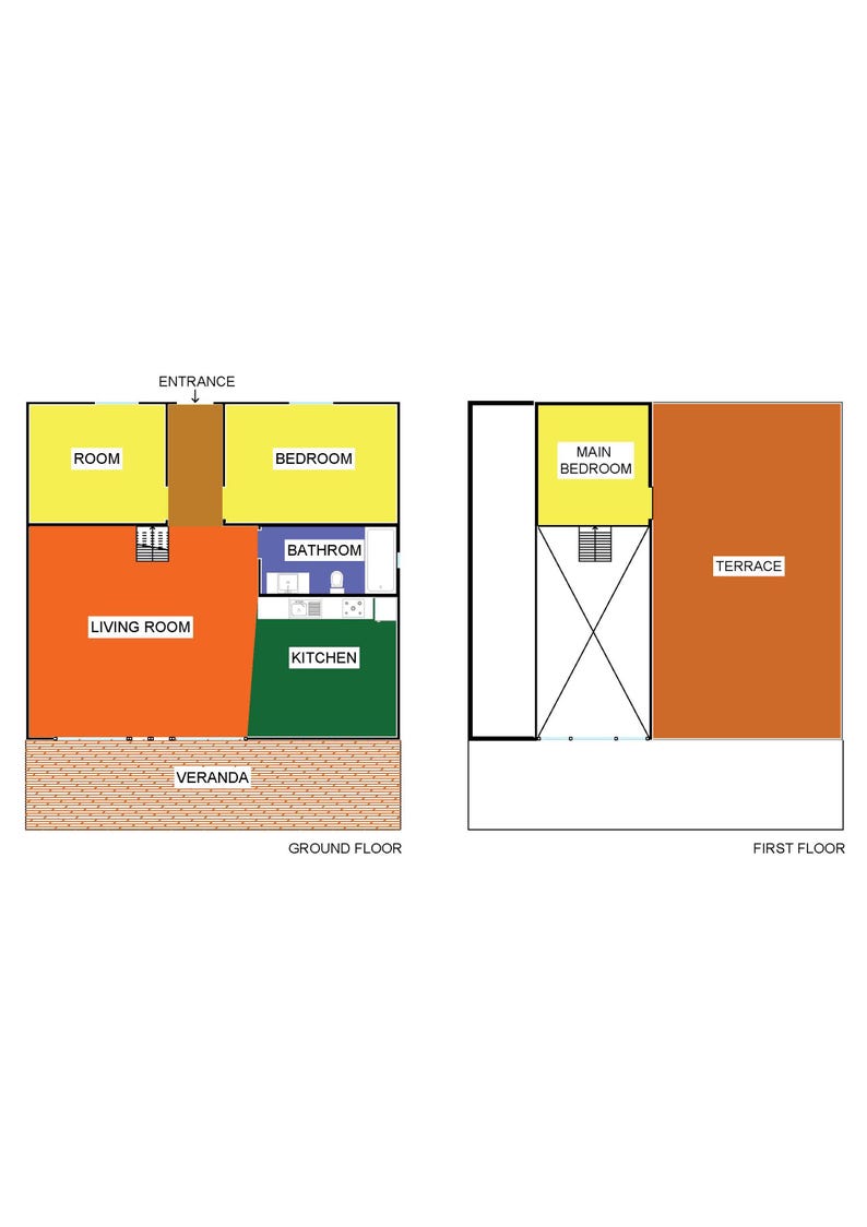 May include: A floor plan of a two-story house. The ground floor has a living room, kitchen, bathroom, bedroom, and a room labeled "room". The first floor has a main bedroom and a terrace.