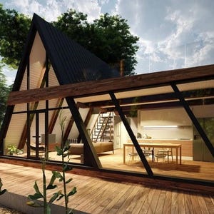 May include: A modern, triangular-shaped house with large windows and a wooden deck. The house has a black roof and a wooden frame. The interior of the house is visible through the windows, showing a living room with a couch and a dining room with a table and chairs.