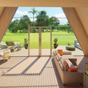 May include: A modern, triangular-shaped house with large windows overlooking a grassy lawn. The interior features a light wood floor, a beige sectional sofa with orange throw pillows, a white armchair, and a television on a stand.