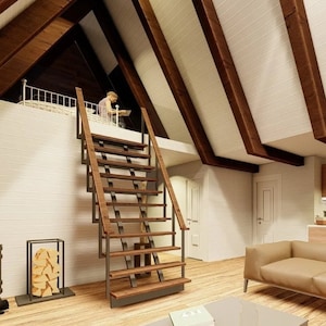 May include: A wooden staircase with metal railings leads up to a loft in a modern cabin. The cabin has white walls and a wood-beamed ceiling. There is a couch in the living area and a fireplace in the corner.