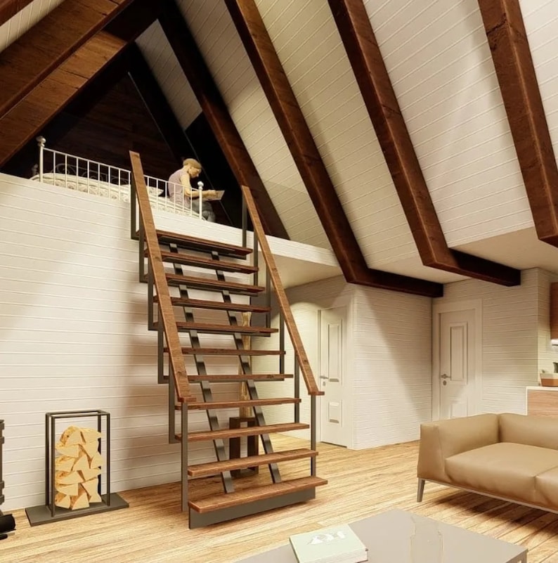 May include: A wooden staircase with metal railings leads up to a loft in a modern cabin. The cabin has white walls and a wood-beamed ceiling. There is a couch in the living area and a fireplace in the corner.
