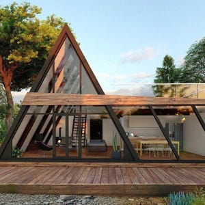 Modern en chic blokhuthuis met a-frame Architectonische plattegronden, blokhut, houten huis, loftwoning, project Tiny House, 34' 5''X 31' 2''- 10,5 x 9,5 m