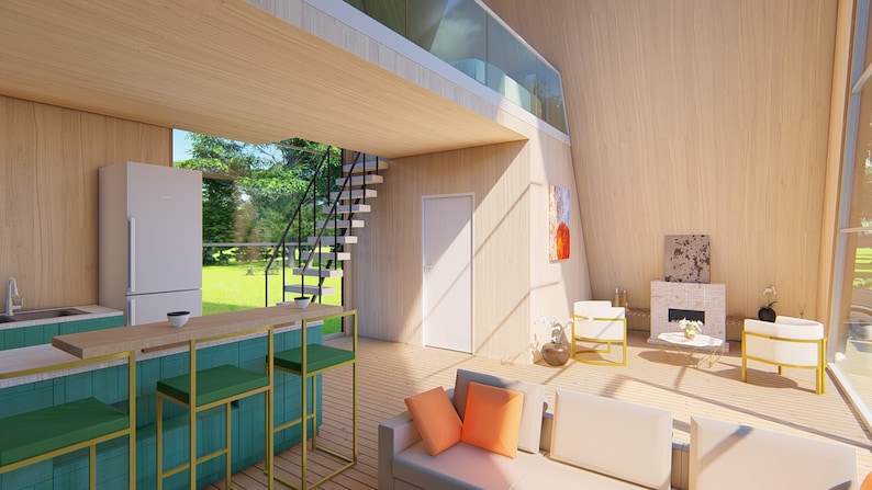 May include: A modern, open-concept living space with a kitchen, living room, and loft area. The kitchen features a white refrigerator, a teal countertop, and a bar with gold stools. The living room has a white couch with orange pillows, a fireplace, and two white chairs. The loft area is accessed by a black metal staircase.