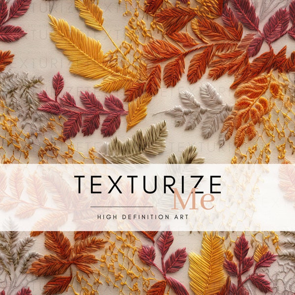 Embroidered Autumn Leaves, repeating pattern, seamless file, digital download, texture v3