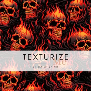Download digitale modello ripetuto di teschio e fuoco, trama di Halloween, file senza soluzione di continuità, teschi di fuoco, sublimazione, biglietto d'auguri, stampa su tessuto
