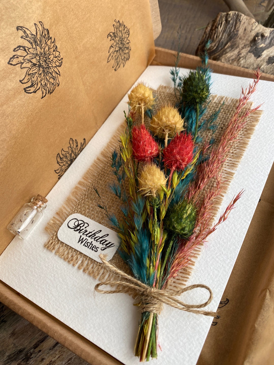 Dried Flower Card/dried Flower Card With Wish Jar/wish Jar/dried Flower