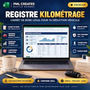 May include: A digital mileage log spreadsheet displayed on a laptop screen, featuring data tables, charts, and text in French. The interface includes sections for vehicle expenses, monthly summaries, and deduction methods, with icons for time-saving and compliance.