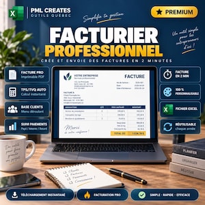 May include: A laptop displaying a professional invoice template with columns for description, quantity, unit price, and total. The screen shows business details, tax calculations, and a total due. Surrounding the laptop are a notebook, pen, and mug.