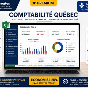 May include: A laptop screen displaying a digital accounting dashboard titled COMPTABILITÉ QUÉBEC. The interface features financial data, a bar chart, a pie chart, and navigation tabs. Text includes PML Creates, Premium, and various French labels.