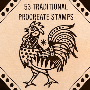 Può includere: Illustrazione in bianco e nero di un gallo con un motivo. L'immagine è intitolata "53 Traditional Procreate Stamps".