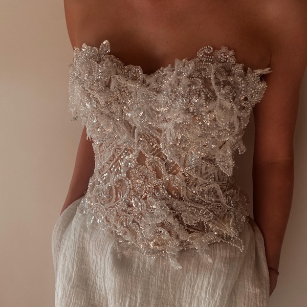 Handmade White Bridal Corset with Embroidery – One of a Kind (Size 38)