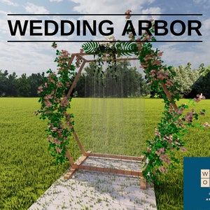 May include: A wooden wedding arbor with a hexagonal frame, adorned with pink flowers and green foliage. The arbor stands on a wooden platform, set against a backdrop of green grass and trees. The text "WEDDING ARBOR" is displayed at the top.