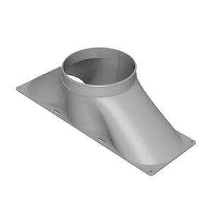 May include: A gray metal HVAC duct transition piece featuring a rectangular base plate with pre-drilled mounting holes and a circular collar extending upward. The component is designed to connect a round duct to a rectangular opening in a system.