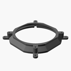 May include: A black, circular mounting bracket with a central opening and four evenly spaced, outward-extending tabs, each featuring a small, centered screw hole. The component has a beveled, octagonal outer edge and a smooth, matte finish.